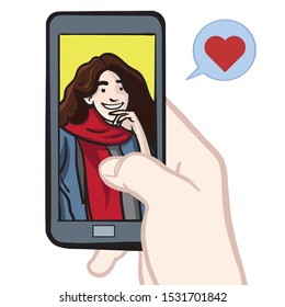 Vector illustration of a hand holding a smartphone with  a young woman on the screen. Love, like, chat, heart, speech bubble, color.