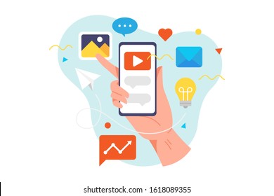 Vector illustration Hand holding the smartphone. Illustration concept of digital marketing technology. Vector flat illustration