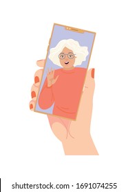 Vector illustration of a hand holding a smartphone with a video of an old lady on the screen on a white background. Online communication. The image is in a flat style.