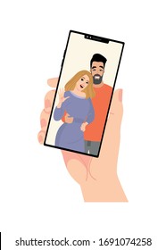 Vector illustration of a hand holding a smartphone with a video of a young couple on the screen on a white background. Online communication. The image is in a flat style.