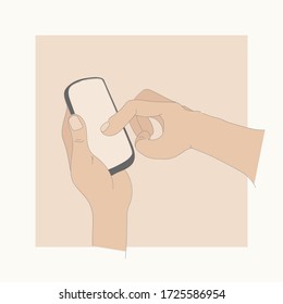 Vector illustration of a hand holding a smartphone. Mobile phone with touch screen and fingers. Flat simple vector EPS 10.