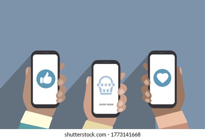 vector illustration hand holding smartphone. Mobile applications concept.