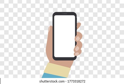 vector illustration hand holding smartphone on transparent background. Mobile applications concept.