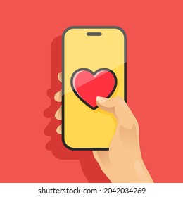 Vector Illustration Hand Holding Smartphone And Send Heart