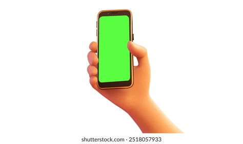 Vector illustration of a hand holding a smartphone with a green screen. Perfect for mockups, app demonstrations, and technology-related designs. Isolated and easy to edit. 3D banner with phone.