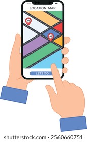 A vector illustration of a hand holding a smartphone displaying a colorful location map with car icons and a "Lets Go!" button. This image represents navigation, ride-sharing, GPS, and mobile technolo