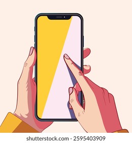 Vector illustration of a hand holding a smartphone with a touchscreen, perfect for communication, mobile apps, and digital media. Ideal for technology, business, and online interaction designs