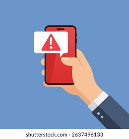 vector  illustration of a Hand Holding Smartphone Displaying Warning Message.
