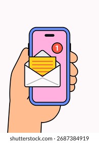 Ilustración vectorial de una mano que sostiene un teléfono inteligente que muestra un sobre y una insignia de notificación perfecta para conceptos de diseño de comunicación, correo electrónico, chat o App móvil. Ideal para marketing digital