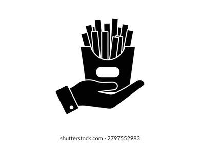 Vector illustration of a hand holding a smartphone displaying a fast food fries container icon for apps or menus.