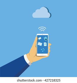 vector illustration of hand holding smartphone sending data to cloud