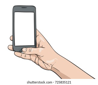 Vector illustration of hand holding smartphone and thumb pressing button, Illustration in sketch style isolated on white background