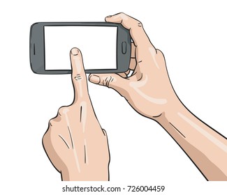 Ilustración vectorial de la mano sujetando el smartphone y el dedo apuntando a pantalla en blanco, Ilustración en el estilo de esbozo aislado en fondo blanco