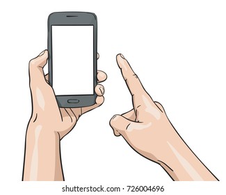 Vector illustration of hand holding smartphone and finger pointing blank screen, Illustration in sketch style isolated on white background