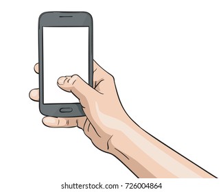 Ilustración vectorial de la mano sujetando el smartphone y el pulgar presionando la pantalla en blanco, Ilustración en el estilo de esbozo aislado en el fondo blanco