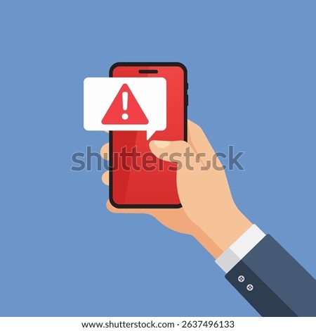 vector  illustration of a Hand Holding Smartphone Displaying Warning Message.