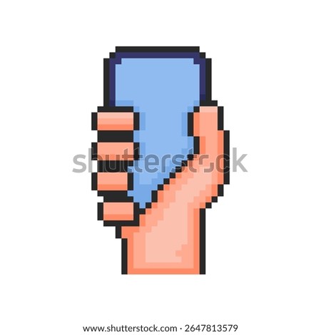 Vector Illustration of Hand Holding Smartphone with Pixel Art Design, perfect for game assets themed designs