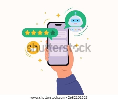 vector illustration of a hand holding a smartphone with chat bot and customer feedback of experience concept. Robot Sign of communication, Social media speech bubbles.
