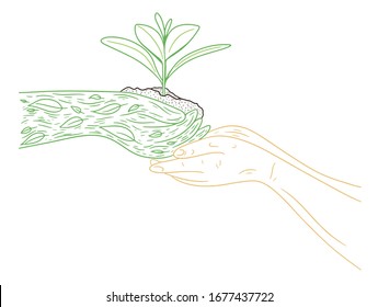 Vector illustration of hand holding soil and sprout