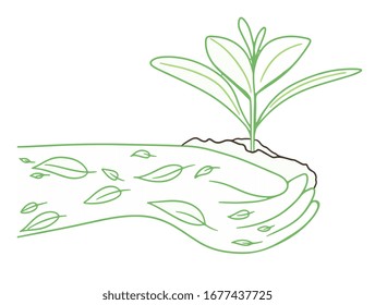 Vector illustration of hand holding soil and sprout
