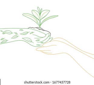 Vector illustration of hand holding soil and sprout
