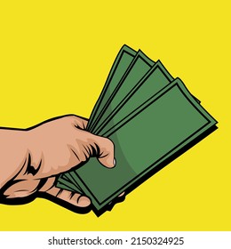 Ilustración vectorial de la mano sosteniendo algo de efectivo sobre fondo amarillo