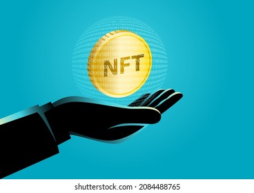 Vector illustration of a hand holding a sphere of binary numbers with NFT token inside it