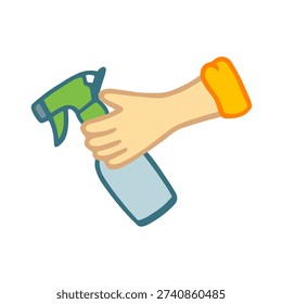Vector illustration of a hand holding a spray bottle. Houseplant care. House cleaning.