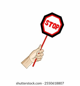 Ilustración vectorial de una mano sosteniendo una señal de alto en un palo. Simbolizando la precaución, la advertencia y la detención de una manera clara y simple.