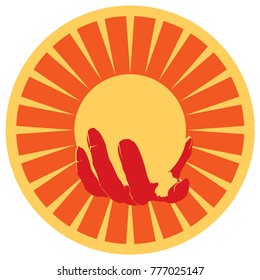 A vector illustration  of a hand holding the sun(or maybe it's a magical glowing orb,  you decide).  Three colors, orange,  red, and yellow, all on the warm side, in a circular/round layout.