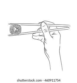 Vektorgrafik einer Hand, die eine Sushi-Rolle mit Stäbchen in Konturen hält. EPS