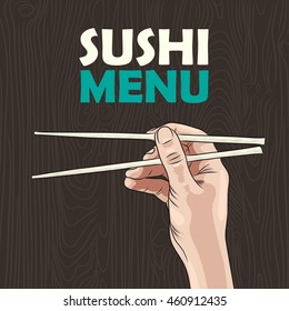 vector illustration of a hand holding sushi roll. EPS