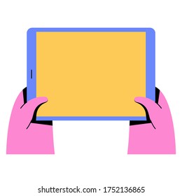 Ilustración vectorial de la computadora de la tableta de mano. Ilustración de estilo plano de color intenso. 