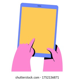 Ilustración vectorial de la computadora de la tableta de mano. Ilustración de estilo plano de color intenso. 
