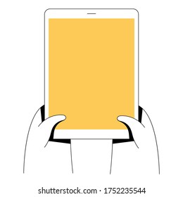 Ilustración vectorial de la computadora de la tableta de mano. Ilustración mínima de estilo lineal plano. 