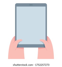 Vector illustration of hand holding tablet computer. Minimal flat style vector illustration. 