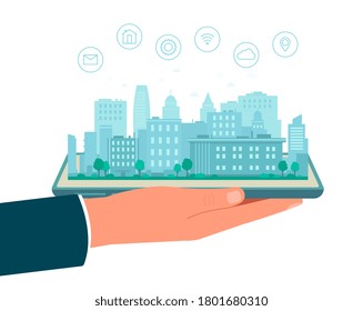 Vector illustration of a hand holding a tablet with a modern smart city. Concept of modern urban design with various icons and elements. Flat vector illustration on a white background.
