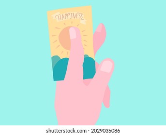 Vector illustration of a hand holding a tarot card with the word happiness on it. Cute and colourful.