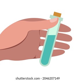 vector illustration of a hand holding a test tube with liquid isolated on white background. chemical scientist, laboratory assistant, medical worker, vaccine creator. useful for graphic and web design