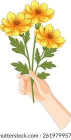 Vector illustration of a hand holding three bright yellow flowers with green leaves, showcasing a clean and simple design