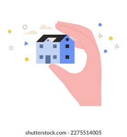 Vector illustration of hand holding tiny blue house. Person selling or buying property. Concept of real estate, mortgage, investment for landing page or website. Home in hand 