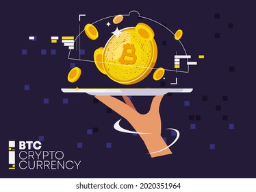 vector illustration of a hand holding a tray with a gold cryptocurrency coin with gold coins, futuristic design of graphic elements around