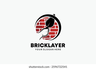 Vector illustration of hand holding trowel with brick symbol for bricklayer logo template