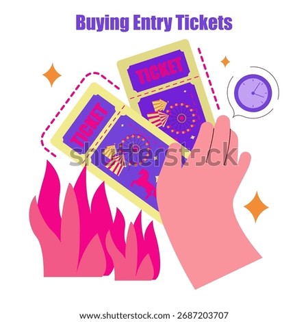 Vector illustration of a hand holding two colorful entry tickets with a ferris wheel design. The vibrant colors and dynamic composition convey excitement and anticipation.