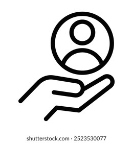 Vector illustration of a hand holding a user profile icon, representing customer service, support, and social media.