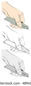 Vector illustration of hand holding utility knife, isolated on white