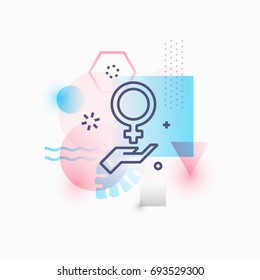 Vector illustration of hand holding Venus symbol on abstract blue and pink background