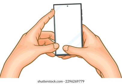 Vector illustration of hand holding vertical smartphone,hands on sideways,doing gesture,touch screen,blank screen,isolated on white.important organs used to grip objects,communication technology.