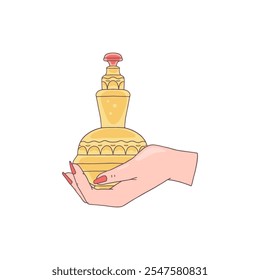 Ilustración vectorial con la mano que sostiene una botella de perfume de vidrio vintage sobre un fondo blanco. La fragante frescura es ideal para crear una atmósfera vigorizante.