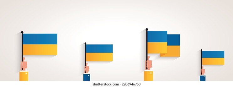 Vector illustration of hand holding and waving ukranian flags. Isolated on white background.
